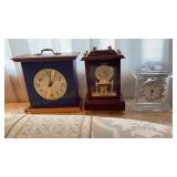 Two Battery Operated Wood Case Clocks & One Czech