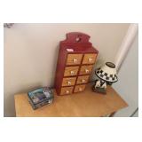 Spice Cabinet, Cow Lamp, & Tin