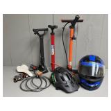 Box of Bicycle Helmets, Pumps, Seat