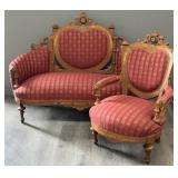 Victorian Carved Heart Backed Settee + Chair