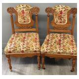 Pair of Oak Carved Chairs, Casters on Front Legs