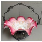 Bride's Basket, Hand Painted Milk Glass