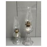 Two Glass Oil Lamps with Chimneys