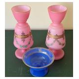 Pair of Bristol Ware Pink Glass Hand Painted Vases