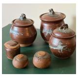 Set of Three Brown Glazed Pottery Canisters