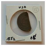 1852 United States of America One Cent Half Cut