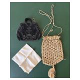 Small Beaded Purse, Lace Bag, Silk Handkerchief