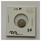 1852 Three Cent Silver Trime Coin