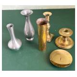 Assorted Metal Candle Sticks + Small Vases