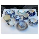 Assorted Blue & White China Teacups & Saucers