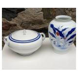Blue&White Asian Vase and Serving Dish w/ Lid
