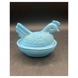 Blue Slag Glass Chicken Hen on Nest Small Covered