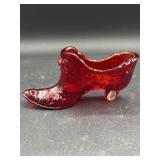 Fenton Red Floral  cabbage Rose Glass Slipper