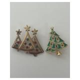 Vintage Christmas Rhinestone tree brooches