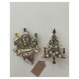 Vintage Christmas tree rhinestone brooch, and