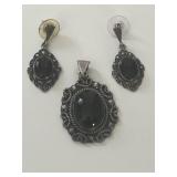 Vintage starling, silver Onyx pendant with