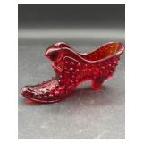 VINTAGE FENTON Red Hobnail Cats Head Glass Shoe