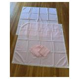 Two pink tablecloths with with lace & 8 napkins