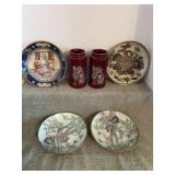 Set of four, vintage Chinese plates and two vases