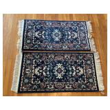 Pair of rugs, navy, burgundy, cream & green
