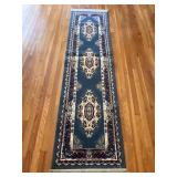 Long rug runner, blue, cream & burgundy