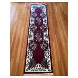 Long rug runner, burgundy, cream & blue