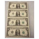 B99855732B Four Uncut $1.00 Bills