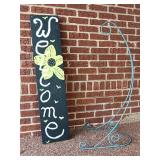 Wooden Hand-Painted Welcome Sign and Metal Plant