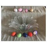 Vintage glass basket with ceramic eggs