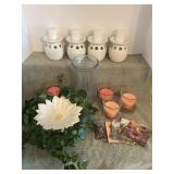 Candle lot, vase, bowl, greenery & coasters