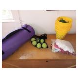 Purple Exercise Mat, Bags of Tennis Balls, 9