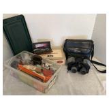 Bushnell binoculars, cigar box etc