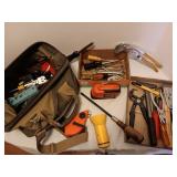 Various Tools with Dark green tool bag. Wrenches,