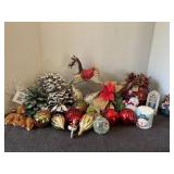 Vintage Christmas lot, wooden horse, ornaments,