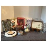 Books, vintage coasters, vintage cross stitch