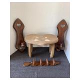 Vintage wood stool, pair of sconces & wood wall