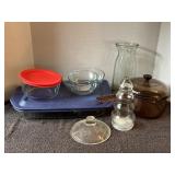 Pyrex bowls, baking dish, glass pot with lid,