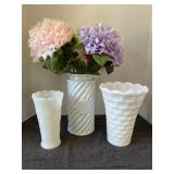 White ceramic vase with paper flowers & 2 milk