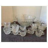 Vintage crystal punch bowl, with various cups