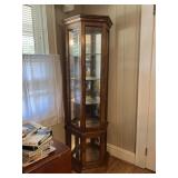 Wooden corner curio cabinet. 70.5ï¿½T 21ï¿½W 11ï¿½D