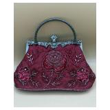Elegant Burgundy Rose Embroidered Evening Clutch