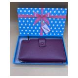 purple pebbled leather wallet clutch branded as