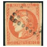 France Stamp #47 Used 1870 Bordeaux 40c Imperf - n