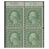 US Stamps #538 Plate Block of 4 with "S 30" inscri