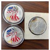 US Silver Coins 3 Silver Eagles, 2 painted, one wi