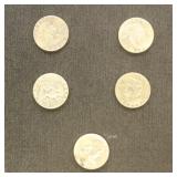 US Coins 5 Franklin Half Dollars, Circulated, bid