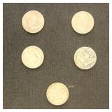 US Coins 5 Franklin Half Dollars, Circulated, bid