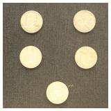 US Coins 5 Franklin Half Dollars, Circulated, bid