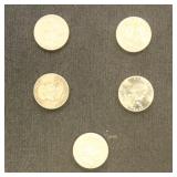 US Coins 5 Franklin Half Dollars, Circulated, bid