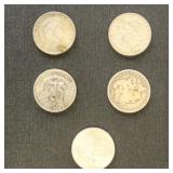 US Coins 5 Morgan Silver Dollars from group, circu